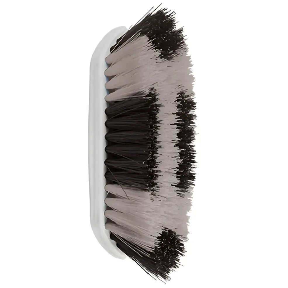 White-handled perry equestrian two tone softened dandy brush with alternating black and white bristles for grooming