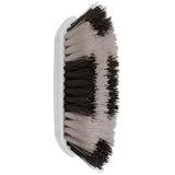 White-handled perry equestrian two tone softened dandy brush with alternating black and white bristles for grooming