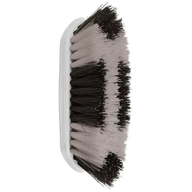 White-handled perry equestrian two tone softened dandy brush with alternating black and white bristles for grooming
