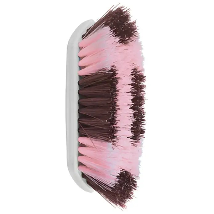 Pink and brown perry equestrian two tone softened dandy brush with white plastic handle for grooming horses