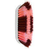 A perry equestrian two tone softened dandy brush with pink and brown bristles and a white plastic handle