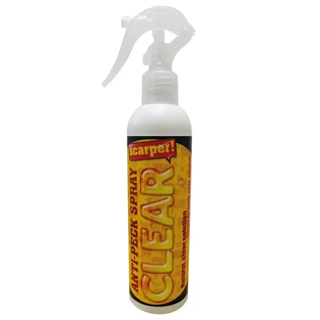 Pesttrappa scarper clear anti-peck spray in white plastic bottle with yellow black label to prevent feather pecking