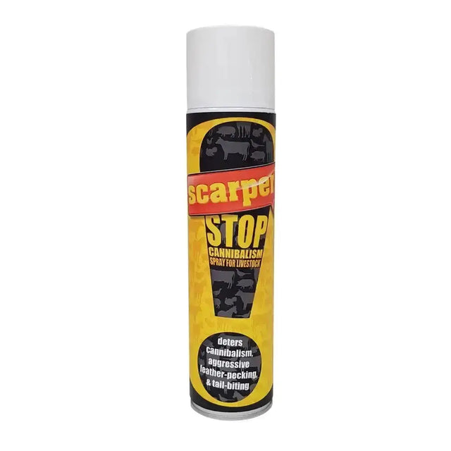 Yellow and black pesttrappa scarper-stop aerosol spray with white cap highly effective aerosol to combat cannibalism in livestock