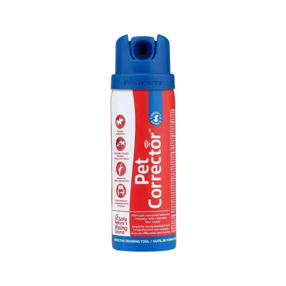 Blue and red pet corrector spray can with blue nozzle designed to stop barking and unwanted behaviour in pets