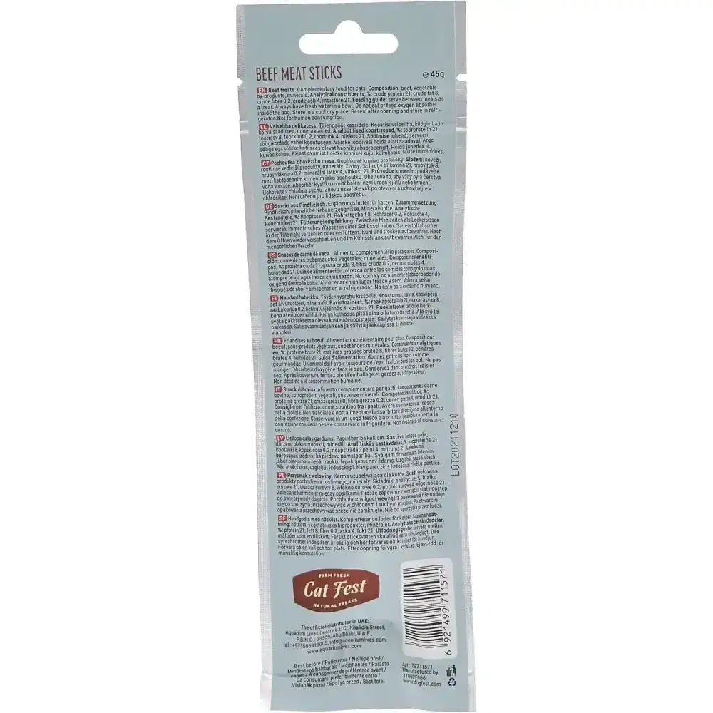 Gray and white pet fest meat package of meat sticks beef cat treats for cats with savory beef flavor
