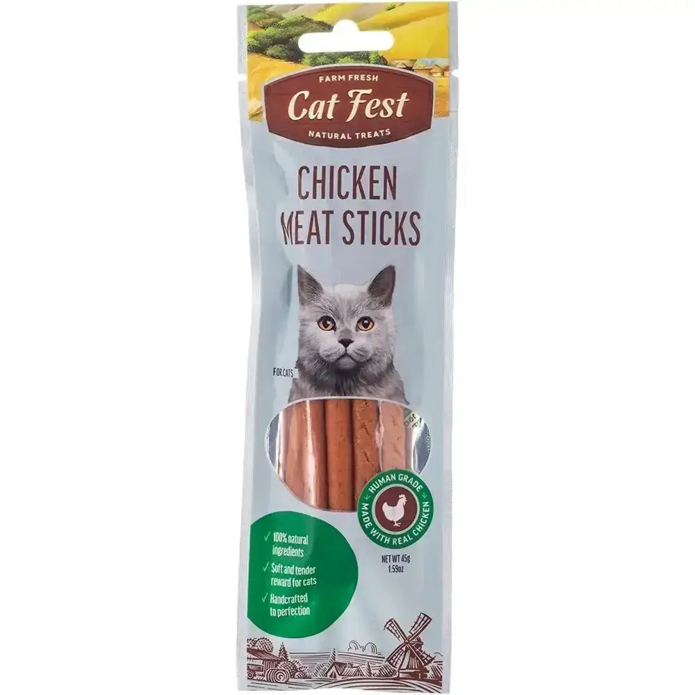 Pet fest meat sticks chicken cat treats in clear plastic pack with brown white label featuring gray cat image