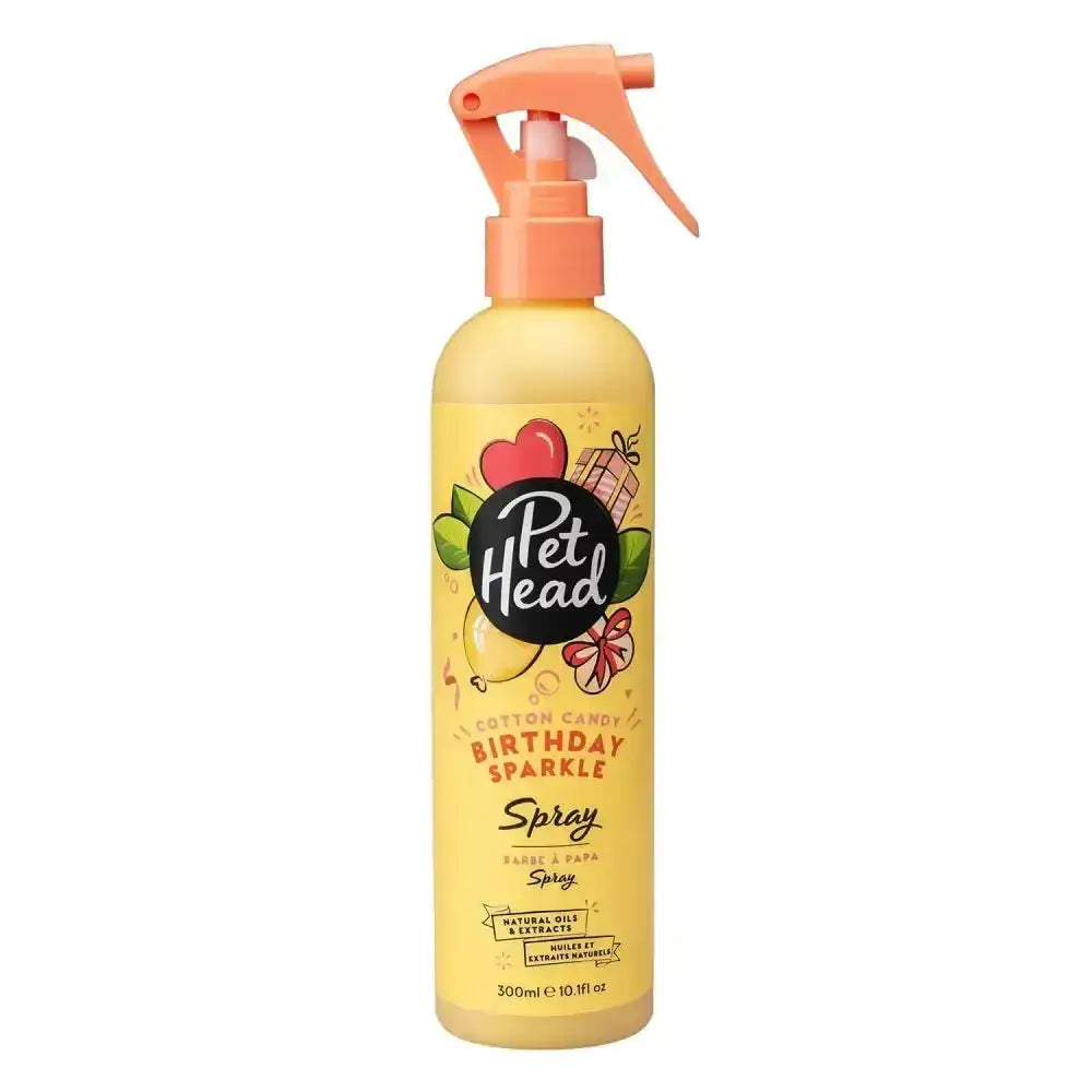 Pet head birthday sparkle spray in a yellow bottle with orange trigger nozzle packed with birthday sparkle fun