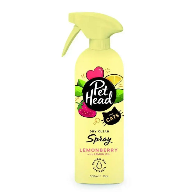 Lemonberry-scented yellow pet head cat dry clean spray with lime-green nozzle and fruit illustrations for kitty feline fresh
