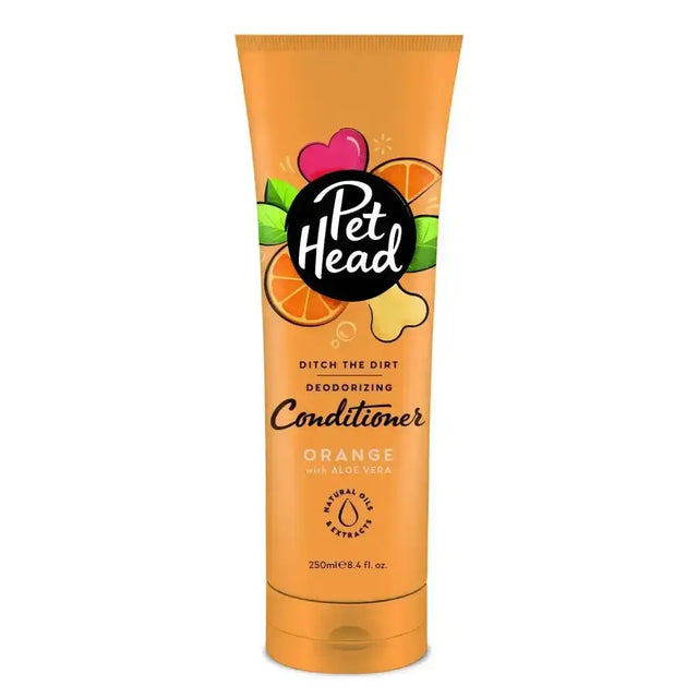 Orange pet head ditch the dirt deodorising conditioner tube with black logo and fruit illustrations with orange peel oil
