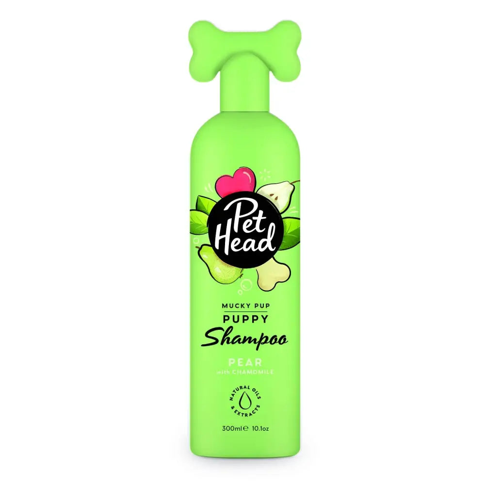 Bright green pet head mucky puppy shampoo with bone-shaped pump and pear seed oil scent for puppies