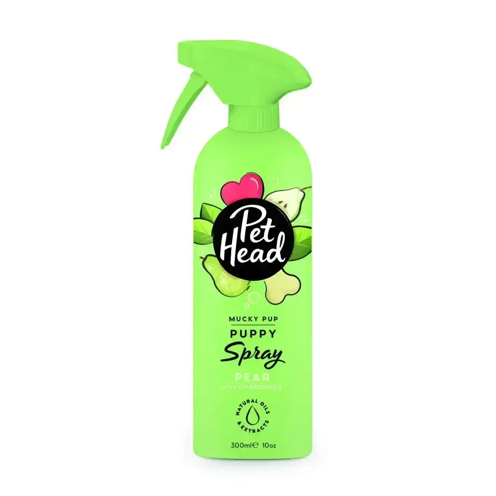 Bright green pet head mucky puppy spray bottle with trigger nozzle and pear bone illustrations for pup smelling sweet