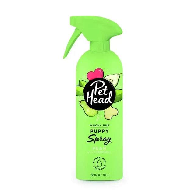 Bright green pet head mucky puppy spray bottle with trigger nozzle and pear bone illustrations for pup smelling sweet