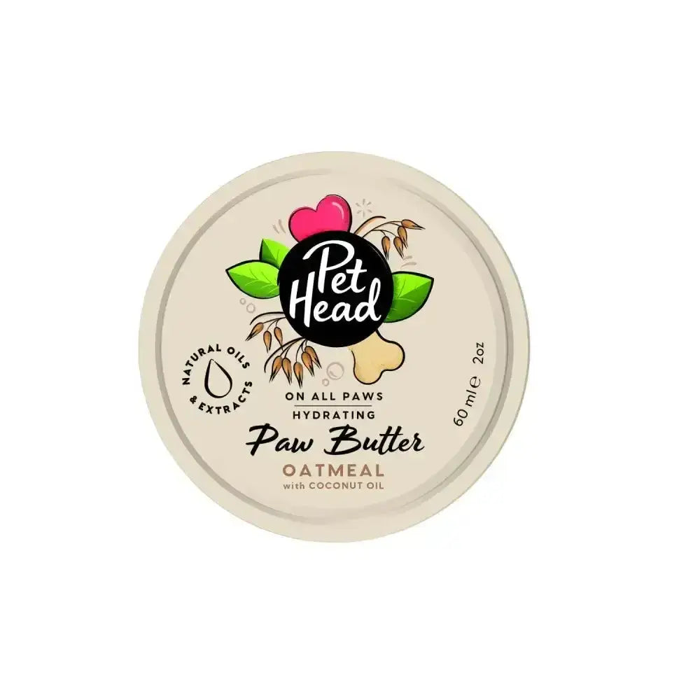 Pet head on all paws oatmeal paw butter with coconut oil in a beige round container for pooch buttered care