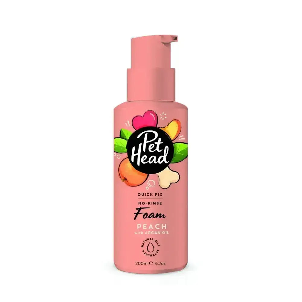 Pink pet head quick fix foam in peach scent with argan oil for a gorgeous coat clean 200ml bottle