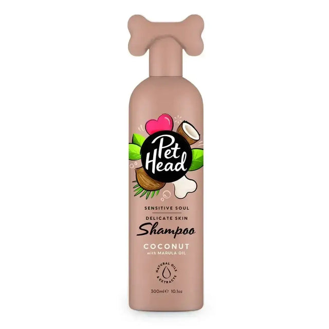 Pet head sensitive soul shampoo 300ml bottle with bone pump in pinkish brown packaging for sensitive skin