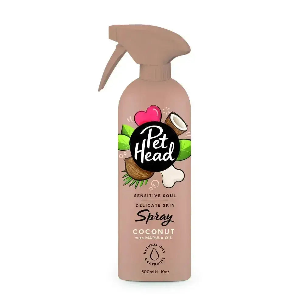 Pet head sensitive soul spray beige bottle with coconut and marula oil for soothing oatmeal sensitive skin care