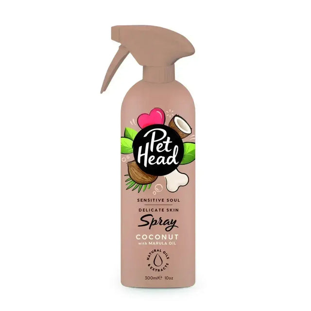 Pet head sensitive soul spray beige bottle with coconut and marula oil for soothing oatmeal sensitive skin care