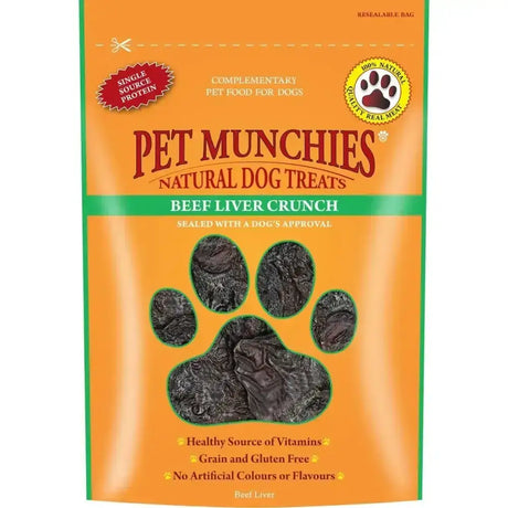 Orange and green resealable bag of pet munchies beef liver crunch natural hand cuts dog treats