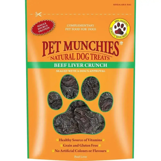 Orange and green resealable bag of pet munchies beef liver crunch natural hand cuts dog treats