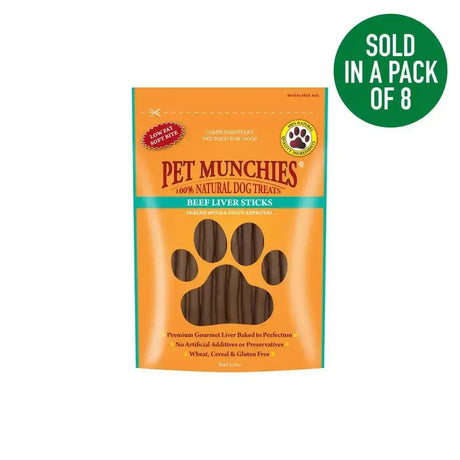 Orange and teal package of pet munchies beef liver sticks dog treats made with munchies beef liver for dogs