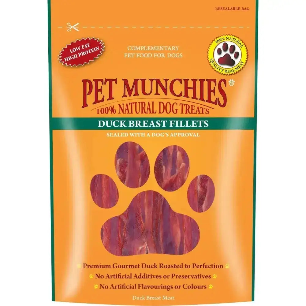 Orange bag of pet munchies breast fillets slow roasted 100 percent natural duck breast dog treats with window