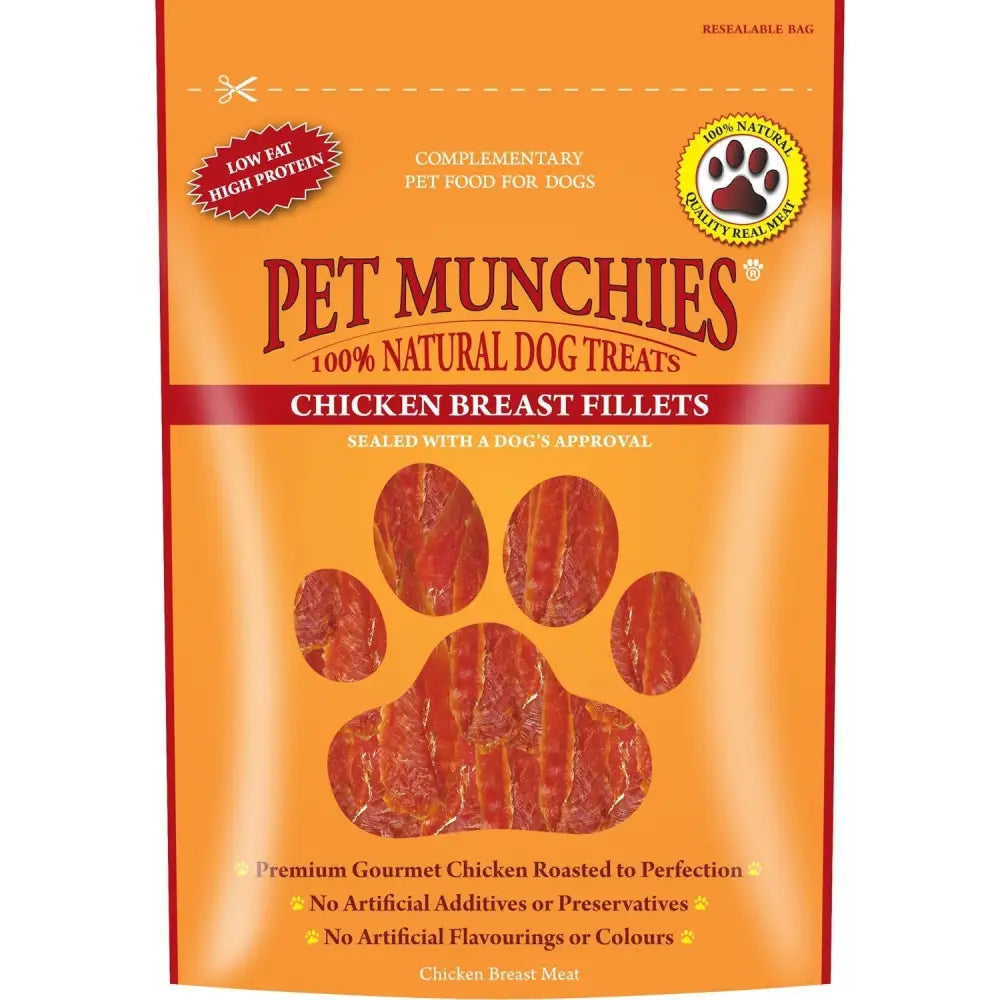 Orange bag of pet munchies breast fillets slow roasted chicken breast fillet dog treats for training and snacks
