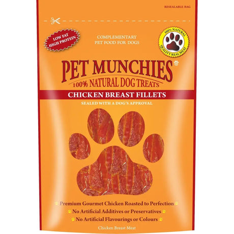 Orange bag of pet munchies breast fillets slow roasted chicken breast fillet dog treats for training and snacks