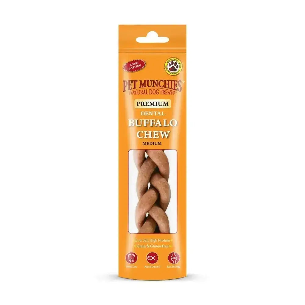 A medium braided brown buffalo dental chew in an orange pet munchies buffalo premium gourmet dental package