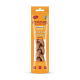 A medium braided brown buffalo dental chew in an orange pet munchies buffalo premium gourmet dental package