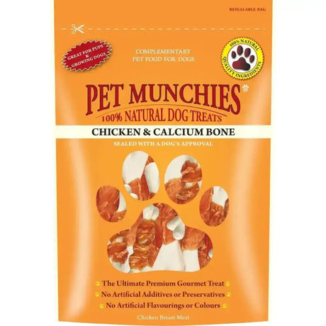 Orange resealable bag of pet munchies chicken and calcium bone natural real chicken dog treats