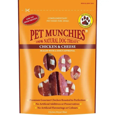 Orange bag of pet munchies chicken & cheese dog treats with natural real chicken visible through paw-shaped window