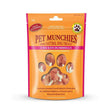 Orange and pink pouch of pet munchies chicken and rawhide dumbbells dog treats with paw print window showing chicken snacks