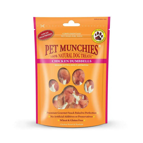Orange and pink pouch of pet munchies chicken and rawhide dumbbells dog treats with paw print window showing chicken snacks