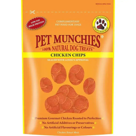 Orange resealable bag of pet munchies chips natural chicken breast dog treats made from chicken breast meat