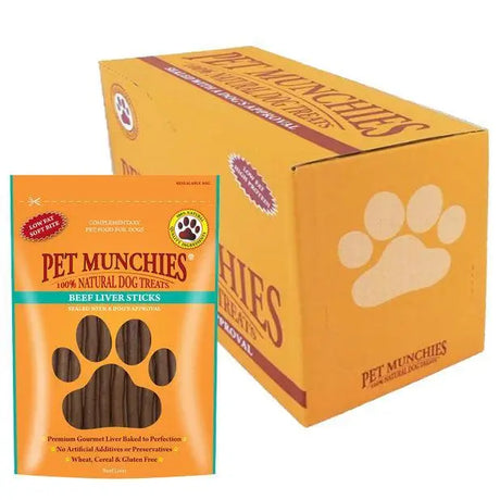 Orange package of pet munchies dog beef liver sticks 8x90g tasty munchies beef liver treats for dogs