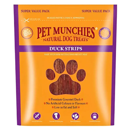 Orange and purple package of pet munchies dog dck strips 3x320g natural duck munchies dog treat