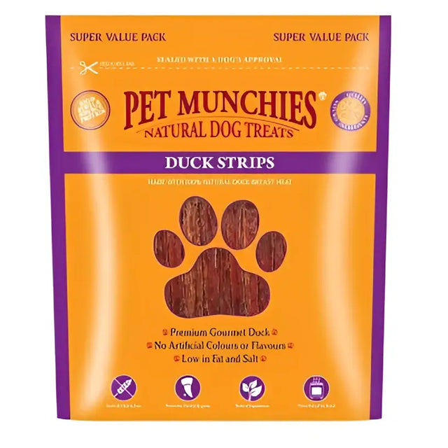 Orange and purple package of pet munchies dog dck strips 3x320g natural duck munchies dog treat