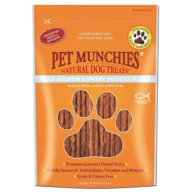 Orange package of pet munchies dog natural munchies dog treat with salmon and sweet potato sticks
