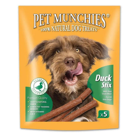 Orange package of pet munchies duck stix 10x5 with a brown puppy and five duck flavored stick treats displayed front