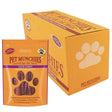 Orange pouch of pet munchies duck strips dog treats with purple band and paw print design duck strips 8x90g packaging