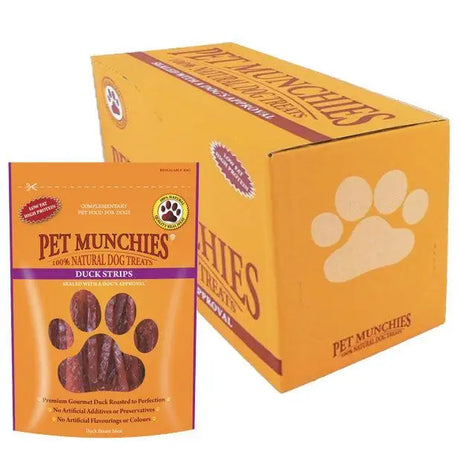 Orange pouch of pet munchies duck strips dog treats with purple band and paw print design duck strips 8x90g packaging