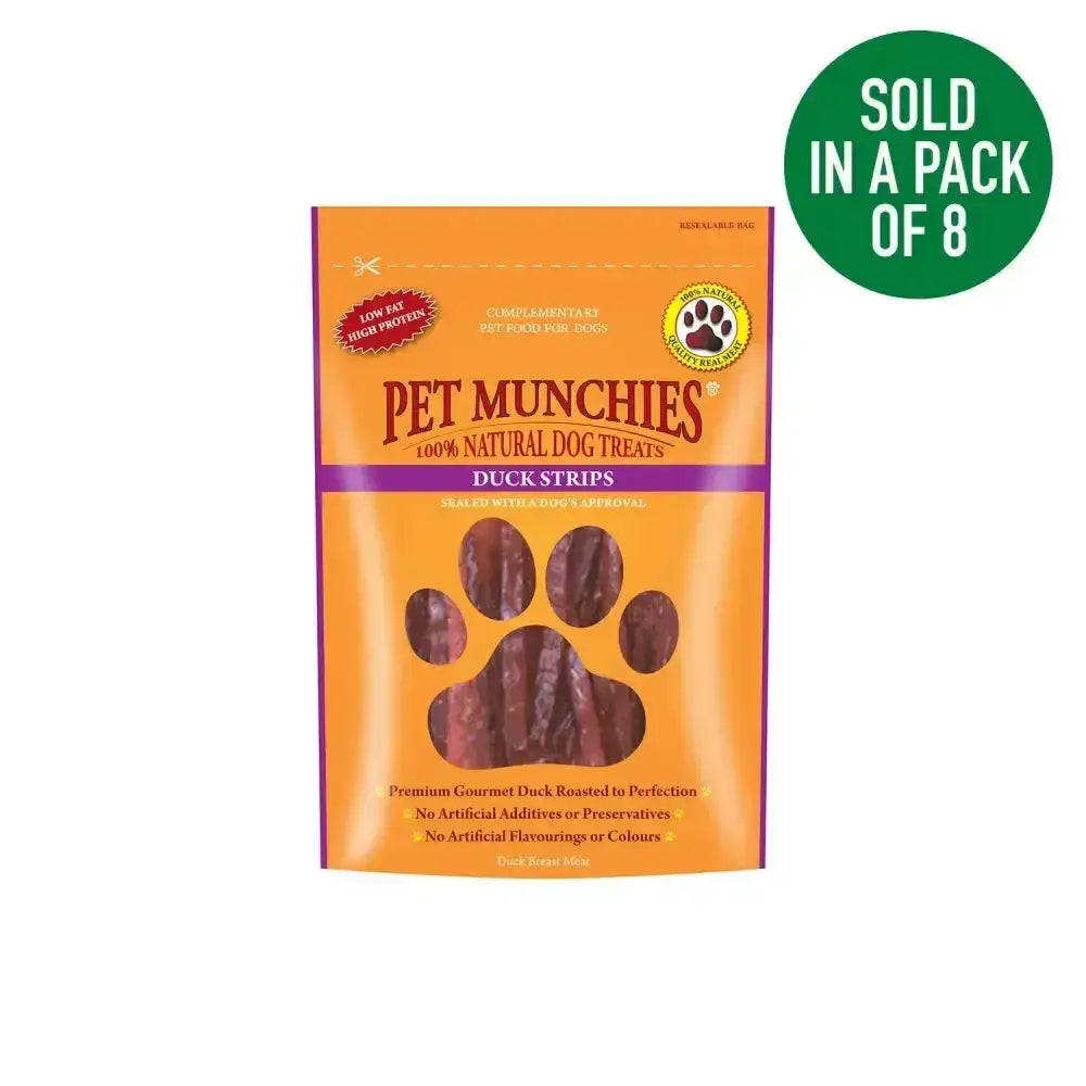 Pet munchies duck strips in orange and purple packaging featuring natural duck strips dog treats