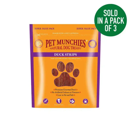 Orange and purple package of pet munchies duck natural dog treats featuring tasty duck strips for dogs