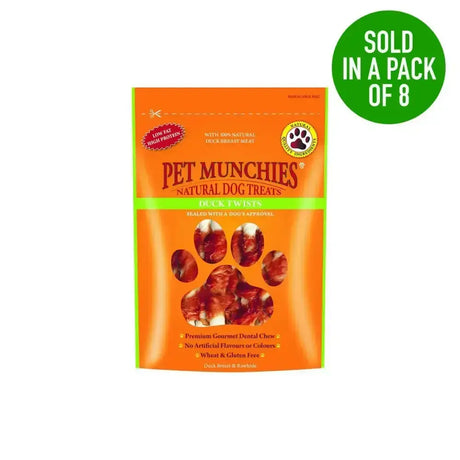 Orange and green packaged pet munchies duck twists treats made for tasty dog chews and healthy snacks