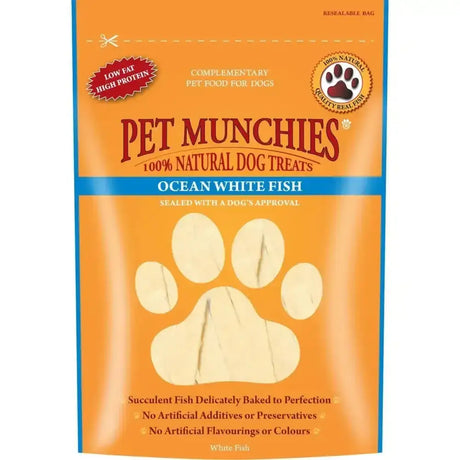 Orange and blue resealable bag of pet munchies ocean white fish treats showing paw print design and fish-shaped snacks