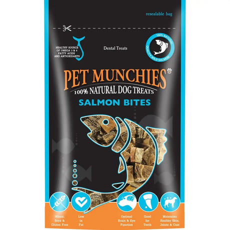 Black and blue resealable bag of pet munchies salmon bites with quality wild salmon 100 percent natural dog treats