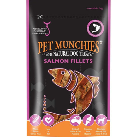 Pet munchies salmon fillets in a resealable black and pink bag with orange band made from natural quality wild salmon