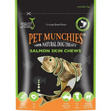 Black and green resealable bag of pet munchies salmon natural wild salmon skin chews with fish-shaped window showing dental chew