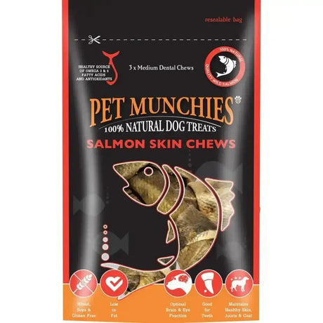 Black and orange resealable bag of pet munchies salmon skin chews made from natural wild salmon for dogs