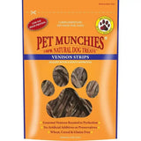 Orange bag of pet munchies strips venison roasted meat treats with paw window showing human grade quality